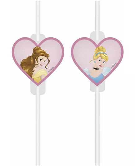 4 Pailles médaillon en carton Princesses Disney™ cœurs