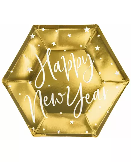 6 Assiettes en carton happy new year dorées 20 cm