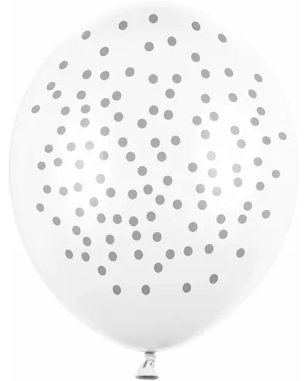 6 witte latex ballonnen met zilverkleurige stippen