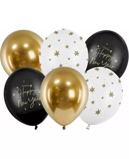 6 Ballons Happy New Year noir et or 30 cm