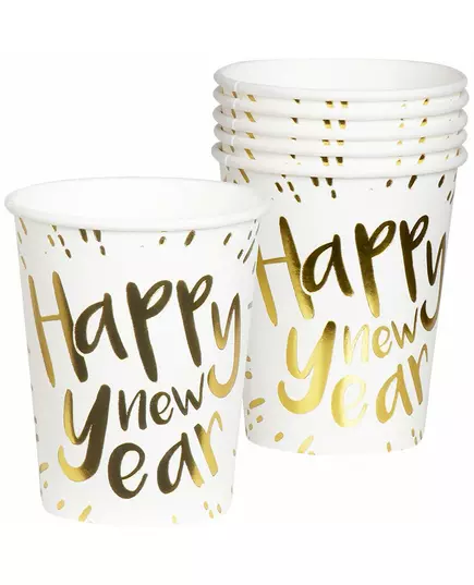 10 witte en gouden Happy New Year papieren bekers 21 cl
