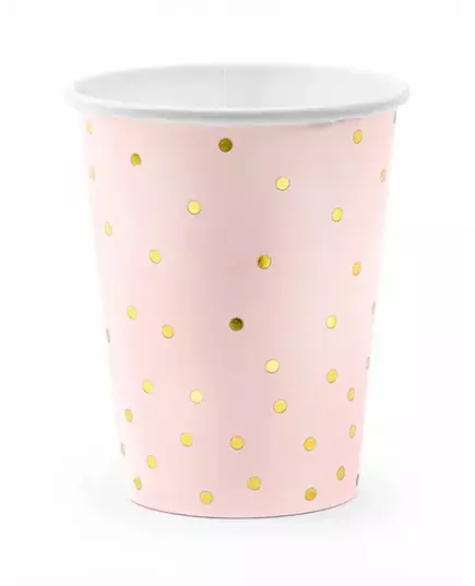 6 Gobelets en carton rose pâle et pois dorés 260 ml