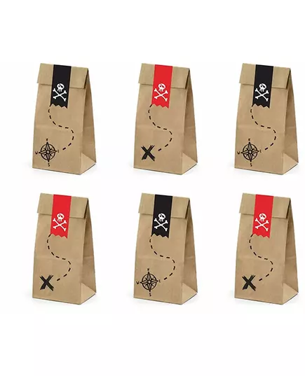 6 Sacs cadeaux en papier kraft fête de pirate 8 x 18 x 6 cm