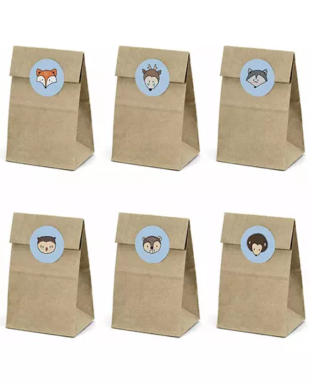 6 Kraft papieren zakken en bosstickers 7,5 x 18,5 cm