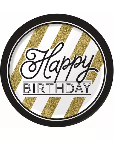 8 Assiettes en carton Happy Birthday Noir et Or 23 cm