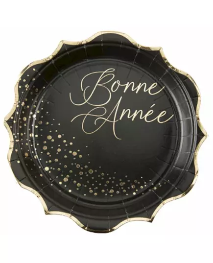 8 Assiettes en carton Bonne année noires et or 23 cm