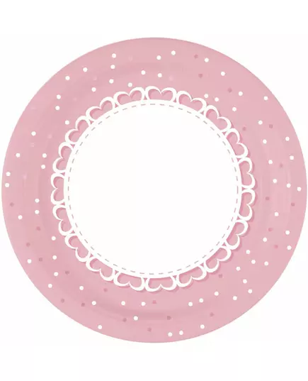 8 Papieren bordjes met roze hartjes 23 cm