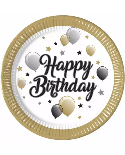 8 Happy birthday papieren bordjes goud zwart zilver 23 cm