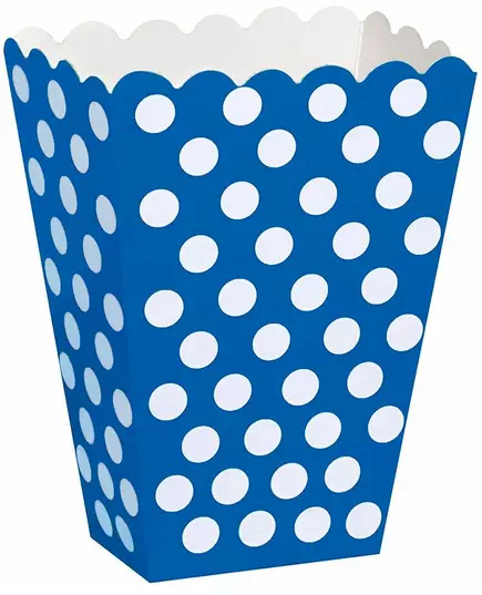 boîtes à pop-corn bleues à pois blancs