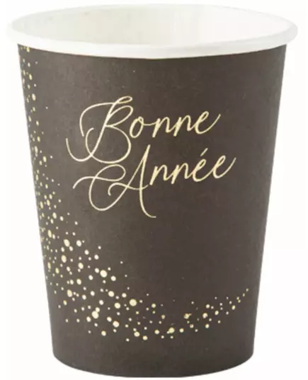 8 Gobelets en carton Bonne année noirs et or 255 ml
