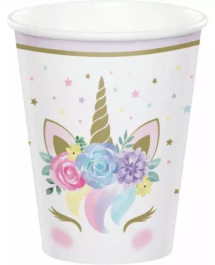 8 Gobelets en carton licorne féerique blancs 266 ml