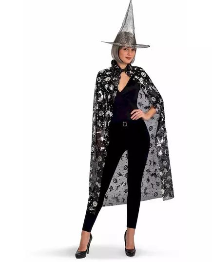 Set sorcière chapeau et cape noir et argent femme