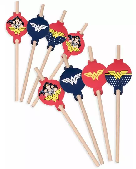 8 pailles médaillon en carton Wonder Woman™ 20cm
