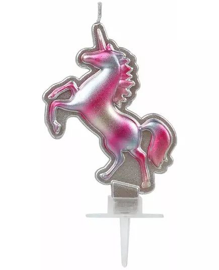 Eenhoorn kaars zilver roze 16 x 9 cm