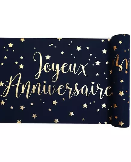 Blauwe en gouden Happy Birthday katoenen tafelloper 28 cm x 3 m