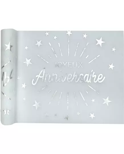 Chemin de table d'anniversaire blanc et argenté en non-tissé, 5 m x 30 cm