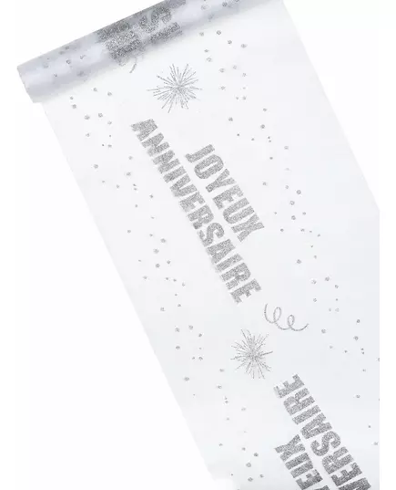 Chemin de table en organza argenté « Joyeux anniversaire » 29 cm x 5 m