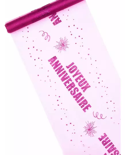 Happy Birthday fuchsia organza tafelloper 29 cm x 5 m