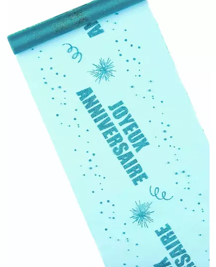 Chemin de table en organza turquoise « Joyeux anniversaire » 29 cm x 5 m