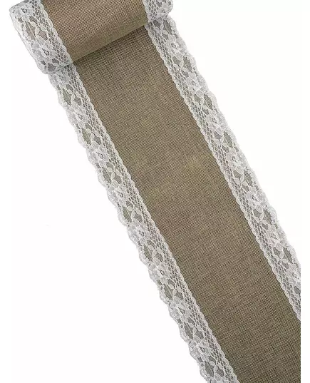 Tafelloper van jute en kant 15 cm x 5 m