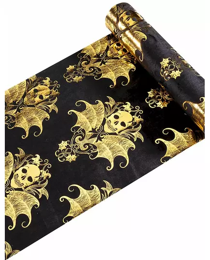 Chemin de table velours noir et squelette doré baroque 3 m x 23 cm