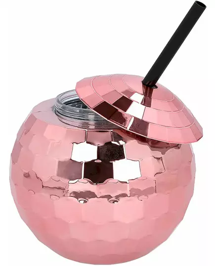 Disco bal beker met roze rietje 650 ml