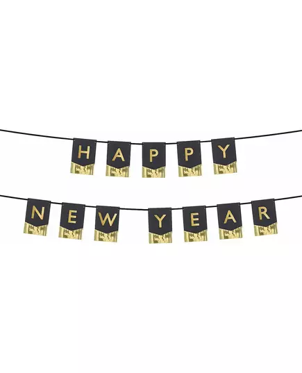 Happy New Year wimpelslinger zwart en goudkleurig 135 cm