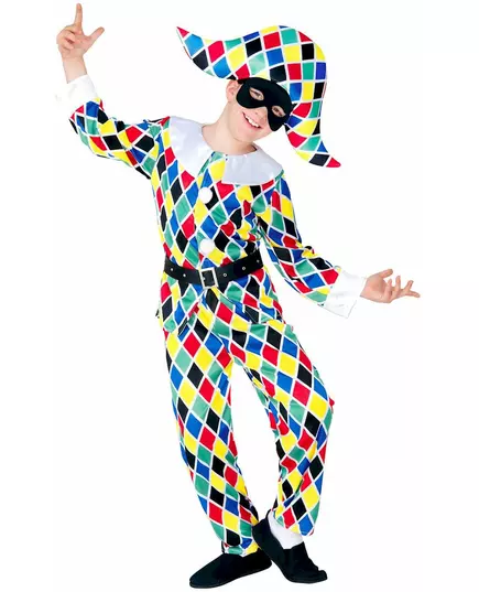 Multikleurig harlekijnkostuum voor kinderen, Maat: 8–10 jaar (140 cm)