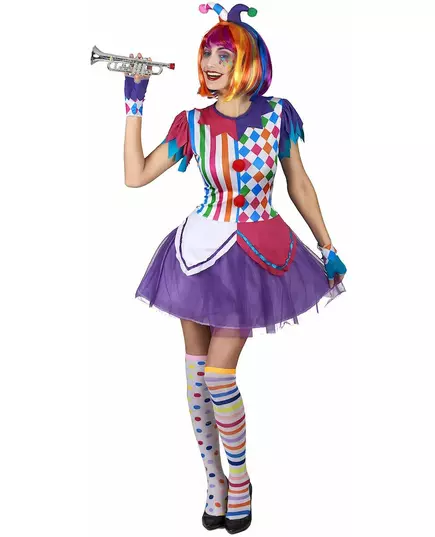 Déguisement arlequin pompons colorés femme, Taille: Small