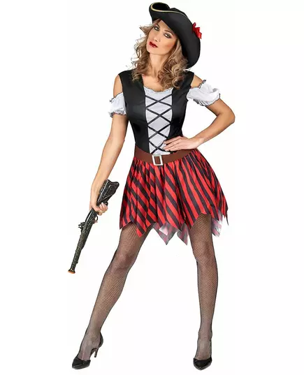 Déguisement Pirate rayures rouges et noires femme, Taille: Small