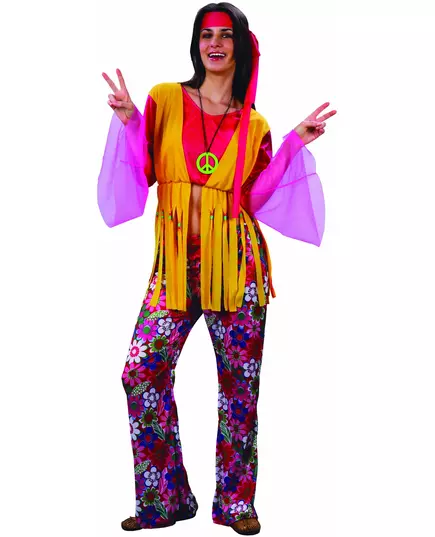 Geel met roze hippie kostuum voor vrouwen, Maat: Large