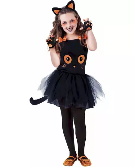 Kleine zwarte kat vermomming met meisjes accessoires, Maat: 8–10 jaar (123 tot 140 cm)