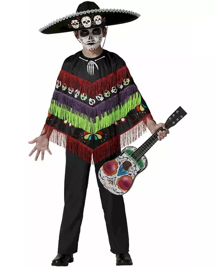 Déguisement poncho squelette Dia de los muertos enfant, Taille: 3–4 ans (98–115 cm)