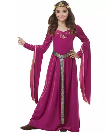 Roze fluweel kostuum Middeleeuwse prinses voor meisjes, Maat: 10–12 jaar (148 cm)