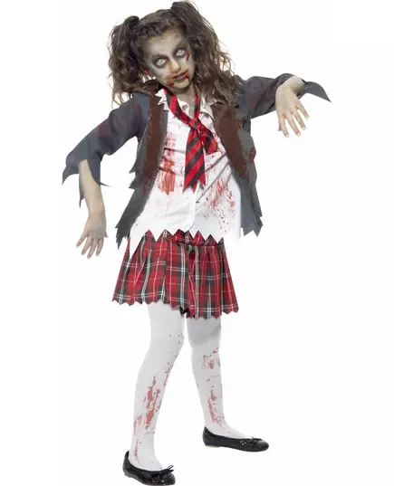 Zombie schoolmeisje Halloween kostuum voor kinderen, Maat: 7–9 jaar (130/143 cm)