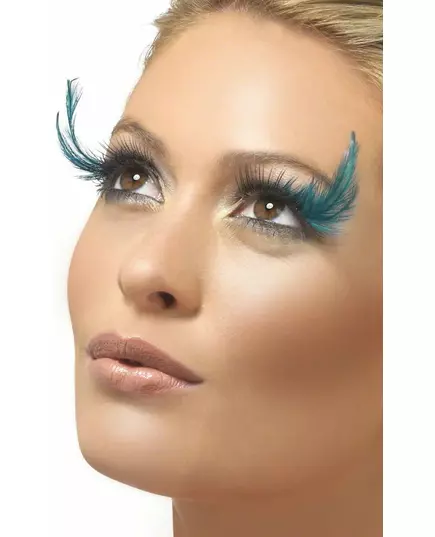 Faux cils noirs avec grandes plumes bleues adulte