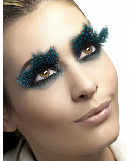 Faux cils plumes noires à pois bleus adulte