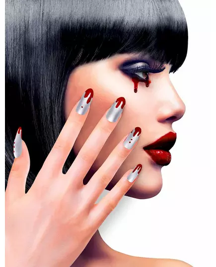 Faux ongles adhésifs argents ensanglantés femme Halloween