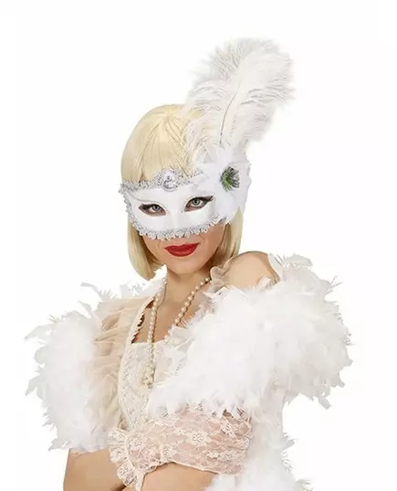 Wit halfmasker met pluimen voor volwassenen