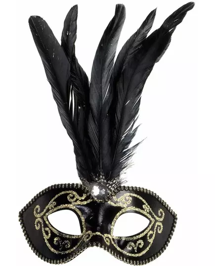 Zwart-gouden halfmasker met pluimen voor volwassenen