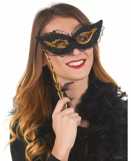 Zwart-gouden masker op stokje voor volwassenen