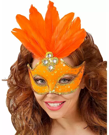 Oranje masker met veren voor dames