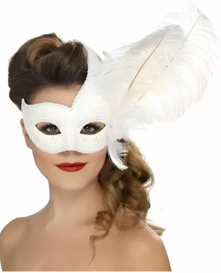 Loup vénitien blanc avec plumes blanches adulte