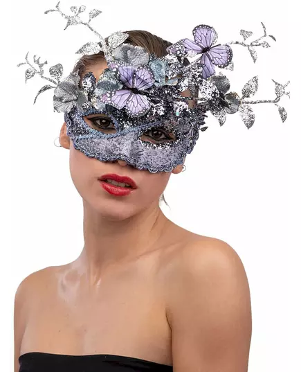 Zilver en lila masker met vlinder- en vrouwelijke takken