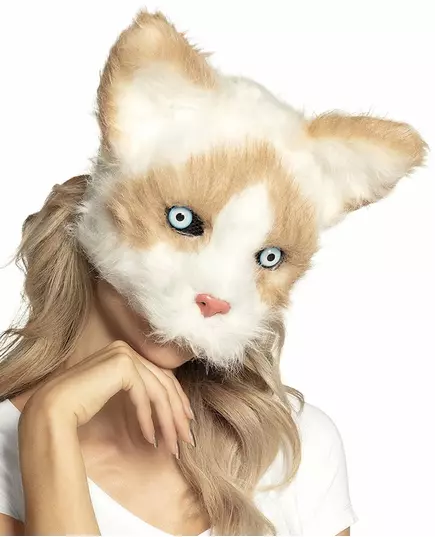 Pluche beige en wit kat masker voor volwassenen