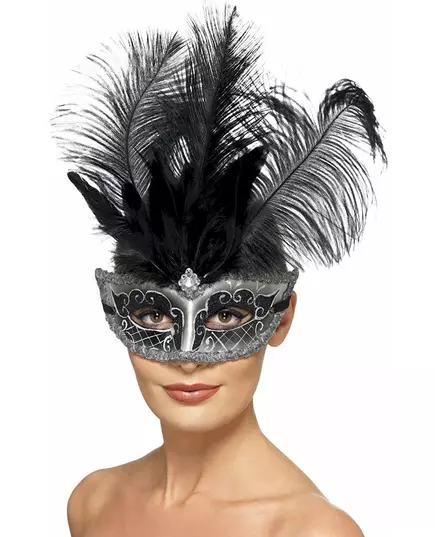 Masque Colombine vénitien gris avec plumes adulte