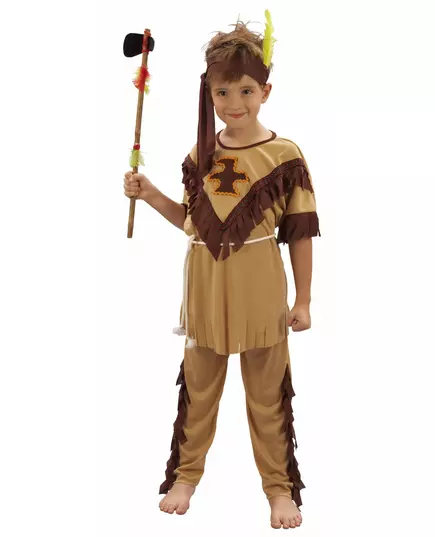 Beige met bruin indianen kostuum voor jongens, Maat: 10–12 jaar (130–140 cm)