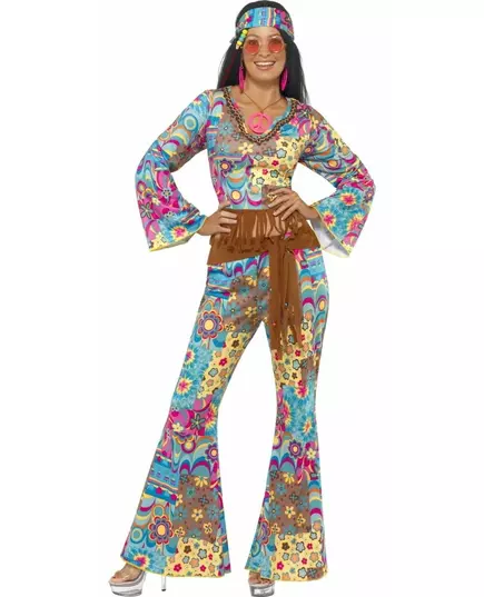 Déguisement hippie col V femme, Taille: Medium