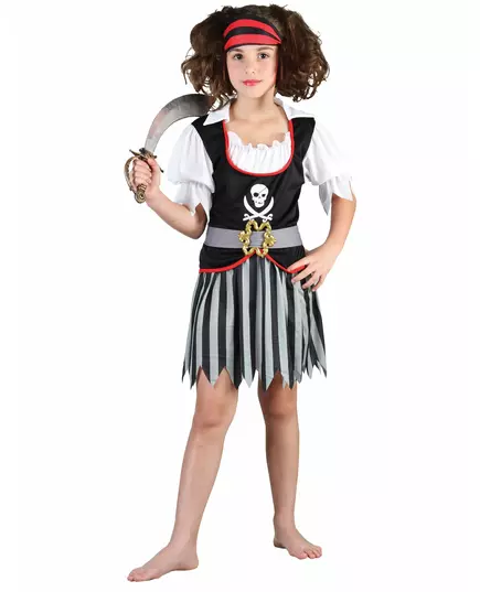 Zwart en grijs gestreept piratenkostuum voor meisjes, Maat: 10–12 jaar (130–140 cm)