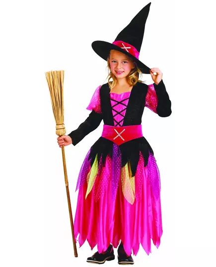 Zwarte en roze heksenjurk voor meisjes, Maat: 10–12 jaar (130–140 cm)